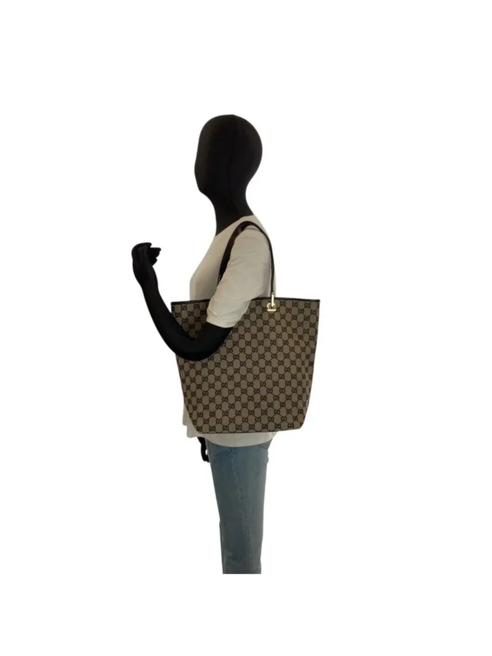 Gucci Black Gold GG Canvas Leather 002 Tote Shoulder